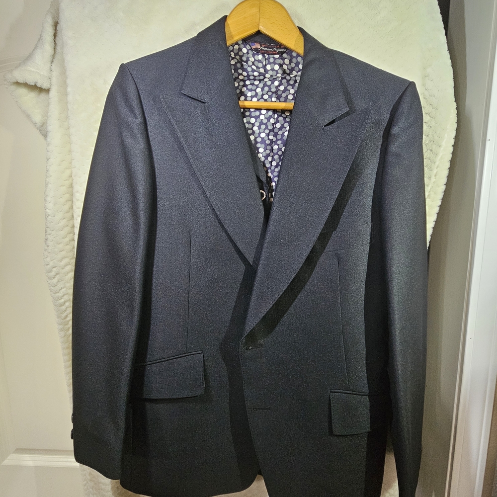 Vintage 1970s Mens Jacket and Vest Black with Polka Dot Lining